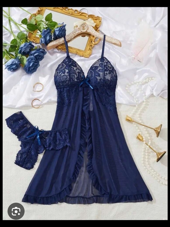 No Label Other - Lace-Trim Navy Chemise with Matching Lace Thong - Women's Intimates